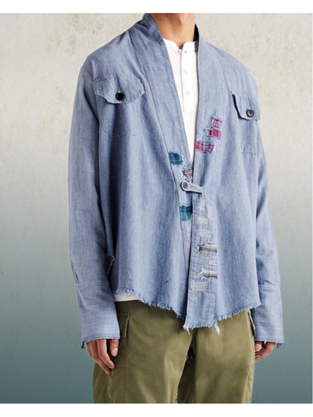 NEW $975 Greg Lauren Blue Chambray Kimono Studio Cardigan Men’s 4 XL Patchwork - Picture 9 of 9